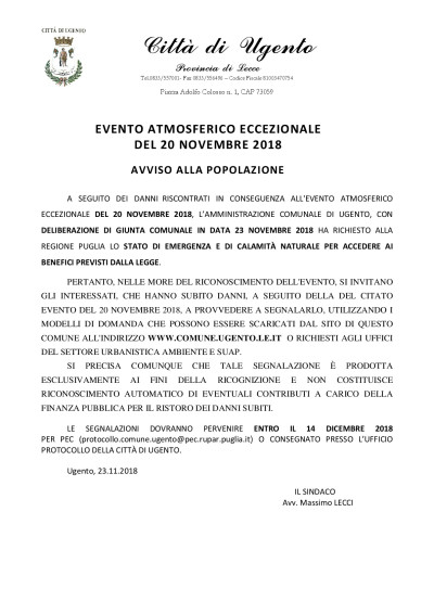 AVVISO ALLA POPOLAZIONE - EVENTO ATMOSFERICO 20.11.2018