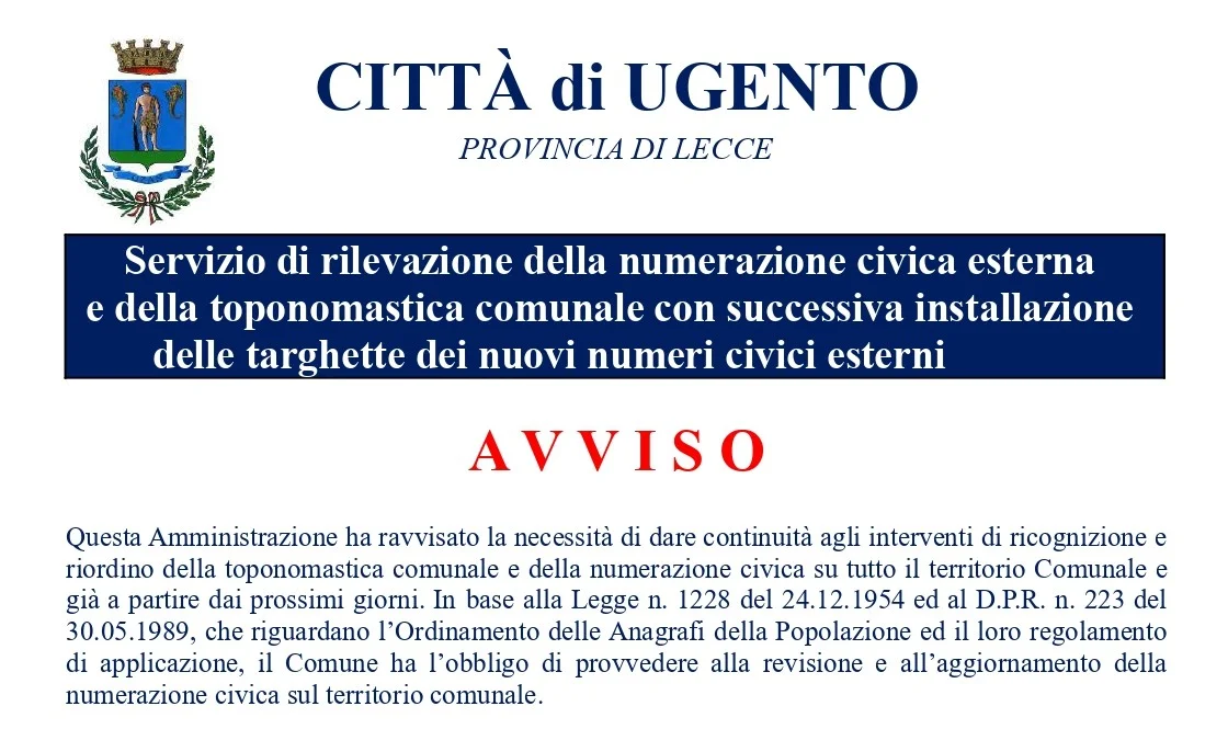 Servizio di rilevazione della numerazione civica esterna e della toponomastica comunale con successiva installazione delle targhette dei nuovi numeri civici esterni