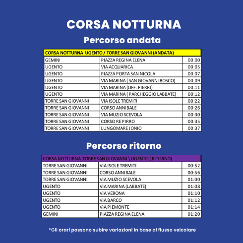 TRASPORTO PUBBLICO STAGIONALE CORSA NOTTURNA -ANDATA/RITORNO