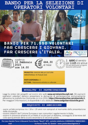 PROGETTO SERVIZIO CIVILE – BANDO DI SELEZIONE DI N° 2 OPERATORI VO...