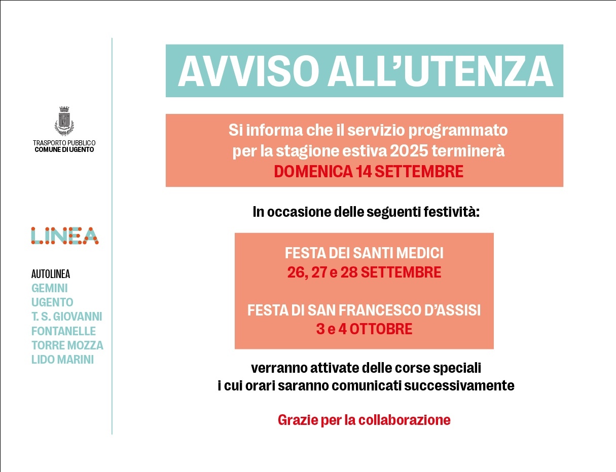 AVVISO ALL'UTENZA - TRASPORTO PUBBLICO STAGIONALE