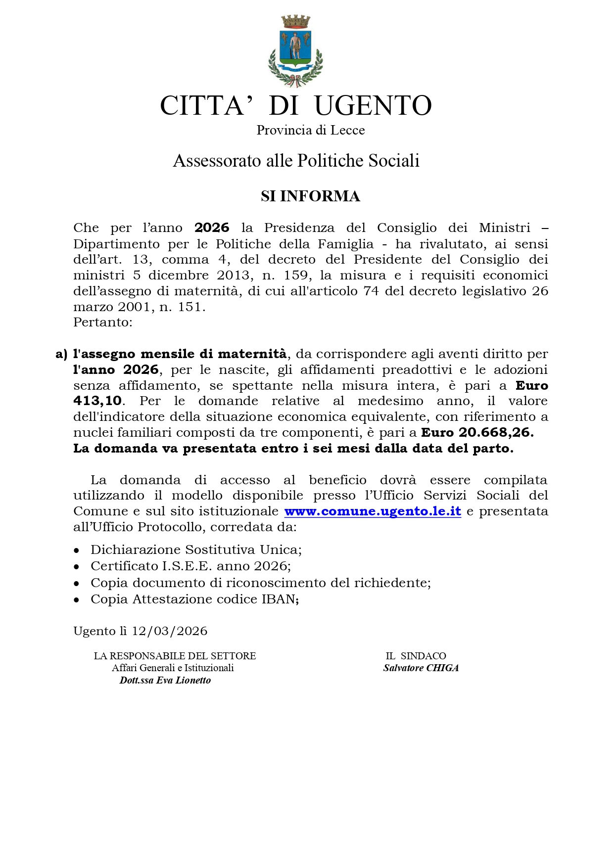 Assegno di Maternità. Nuovi requisiti economici per l'anno 2026